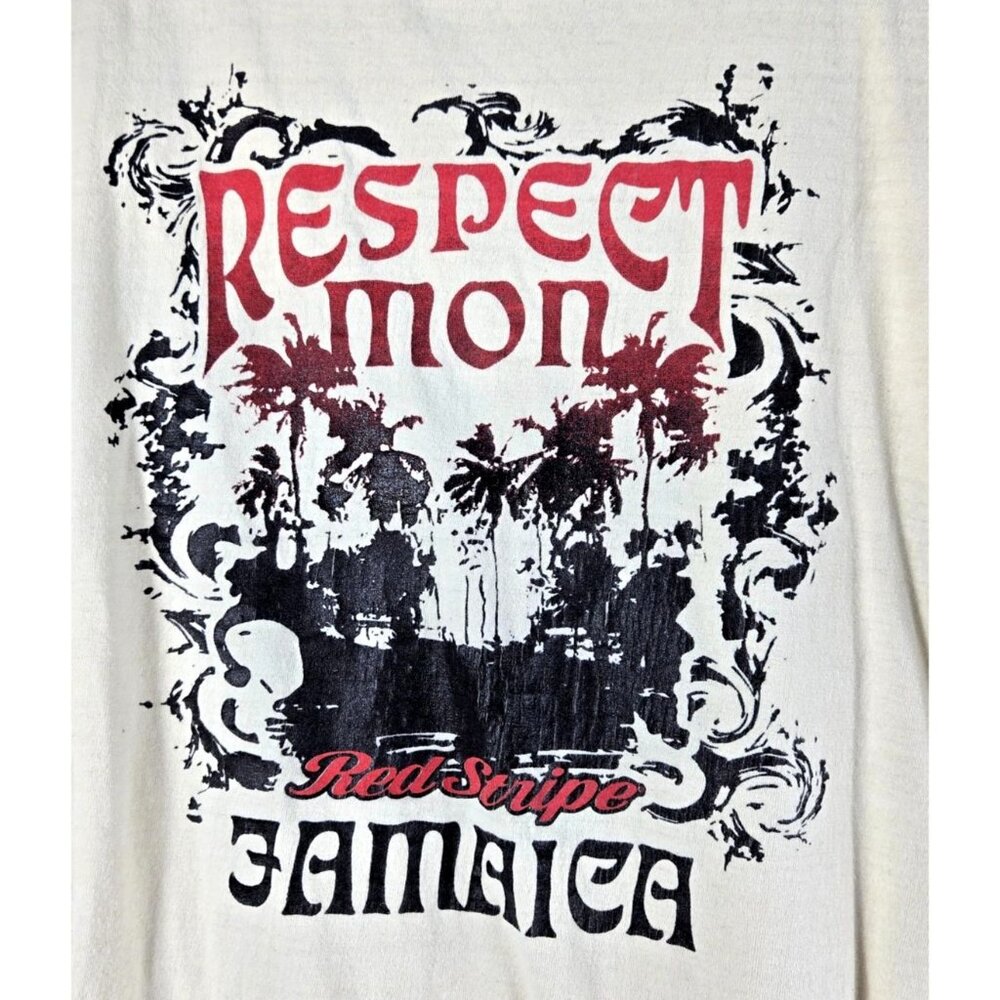 Red Stripe T-Shirt Beige XL Jamaica -Respect Mon- Vaca Casual Vtg Short Sleeve - Picture 4 of 15
